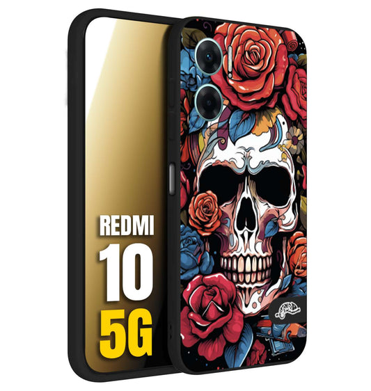 CUSTOMIZZA - Custodia cover nera morbida in tpu compatibile per Xiaomi Redmi 10 5G teschio skull flowers fiori rose rosse tattoo disegnato