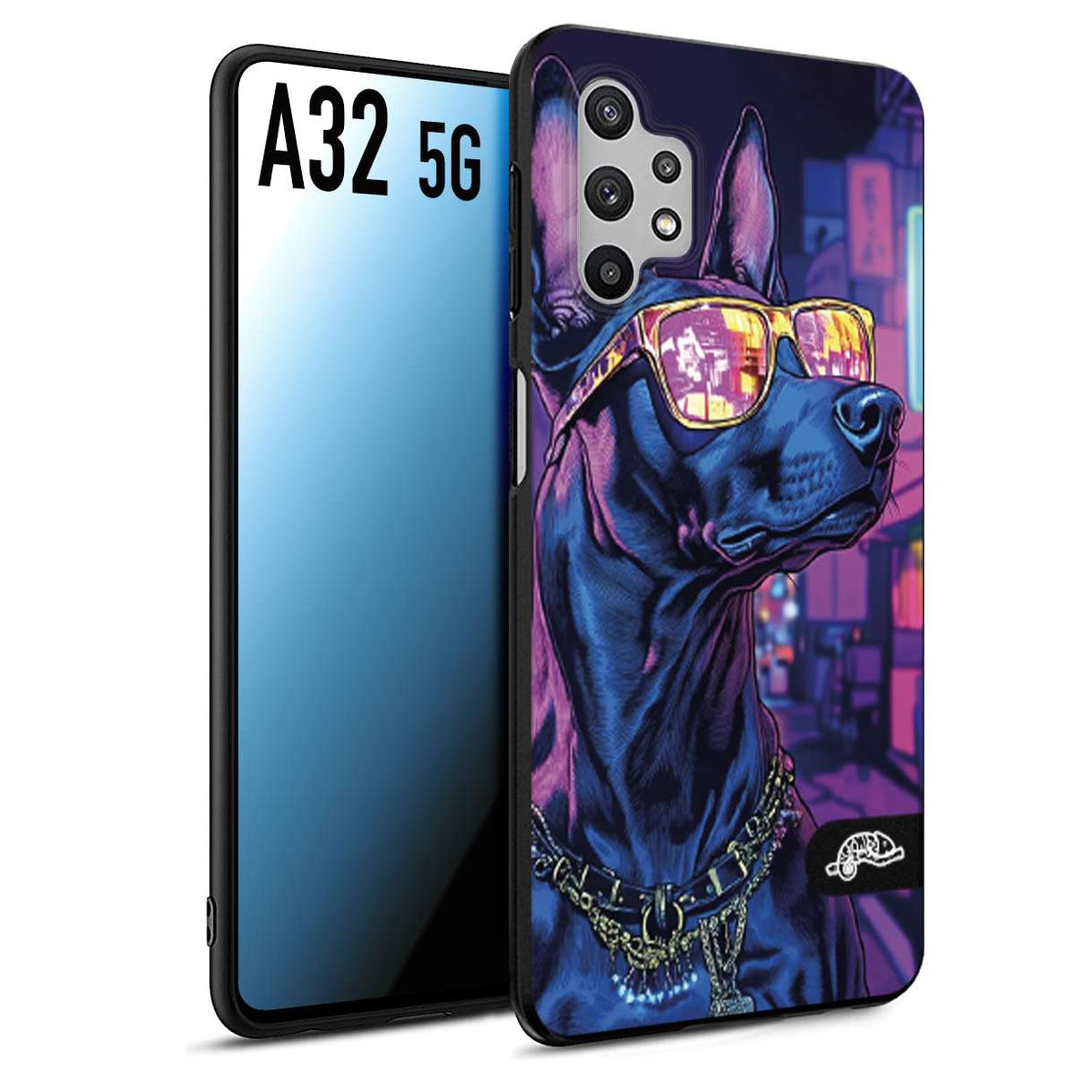 CUSTOMIZZA - Custodia cover nera morbida in tpu compatibile per Samsung A32 5G animali cyberpunk dobermann cane street dog fucsia blu night