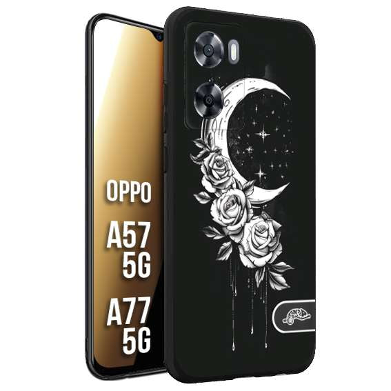 CUSTOMIZZA - Custodia cover nera morbida in tpu compatibile per Oppo A57 5G - A77 5G luna e fiori moon flowers black and white bianco a rilievo disegnato tattoo tatuaggio