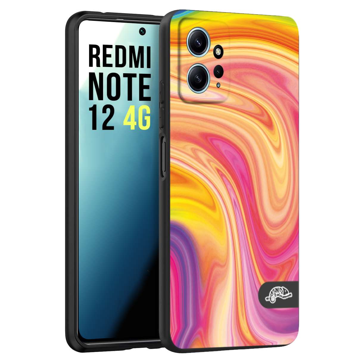 CUSTOMIZZA - Custodia cover nera morbida in tpu compatibile per Xiaomi Redmi Note 12 4G colorata fantasia vortice marmo onde rosa fucsia gialla