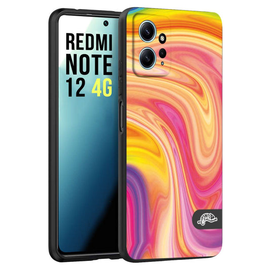 CUSTOMIZZA - Custodia cover nera morbida in tpu compatibile per Xiaomi Redmi Note 12 4G colorata fantasia vortice marmo onde rosa fucsia gialla