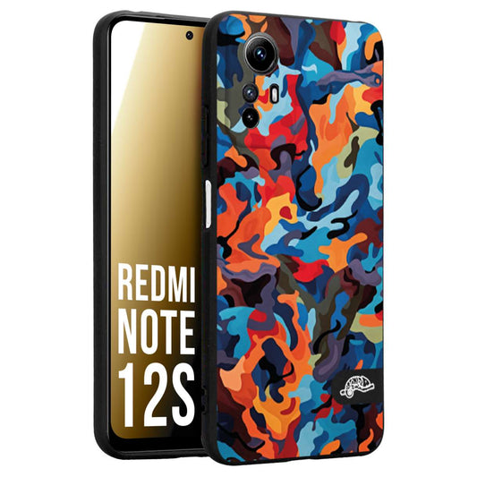 CUSTOMIZZA - Custodia cover nera morbida in tpu compatibile per Xiaomi Redmi Note 12S camouflage mimetico militare moderno blu arancio rosso