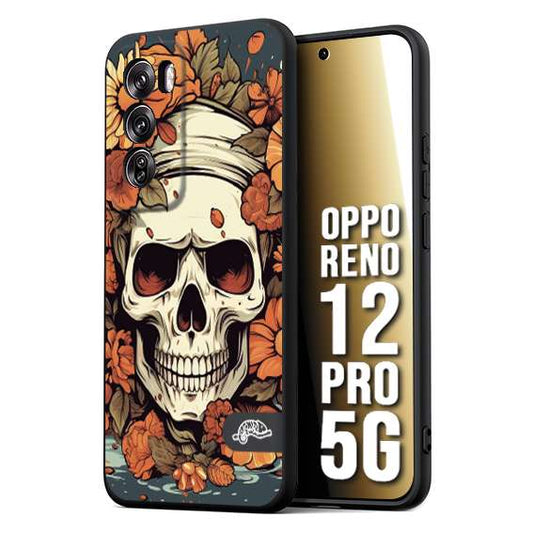 CUSTOMIZZA - Custodia cover nera morbida in tpu compatibile per Oppo Reno 12 PRO 5G teschio skull flowers fiori tattoo disegnato alta definizione