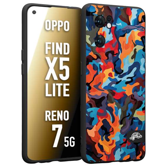 CUSTOMIZZA - Custodia cover nera morbida in tpu compatibile per Oppo Reno 7 - Find X5 LITE camouflage mimetico militare moderno blu arancio rosso