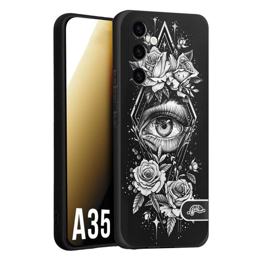 CUSTOMIZZA - Custodia cover nera morbida in tpu compatibile per Samsung A35 5G occhio fiori rombo geometrico black and white bianco a rilievo disegnato tattoo tatuaggio