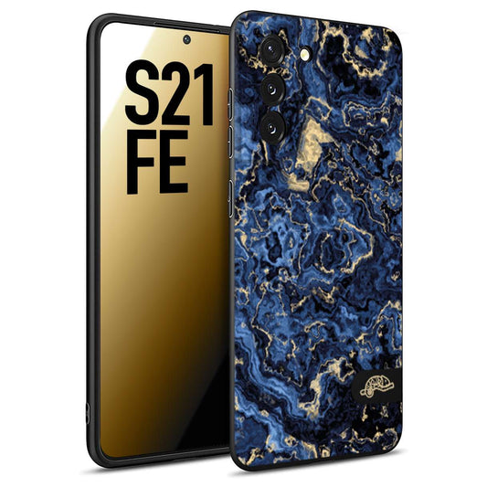 CUSTOMIZZA - Custodia cover nera morbida in tpu compatibile per Samsung S21 FE effetto marmo marble blu venature dorato psichedelico