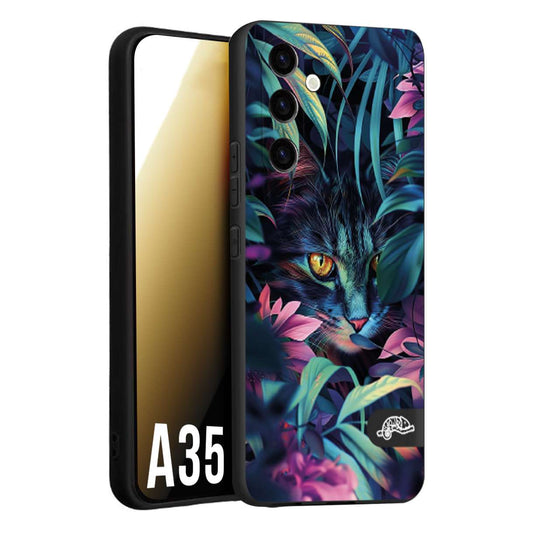 CUSTOMIZZA - Custodia cover nera morbida in tpu compatibile per Samsung A35 5G animali color giungla tropicale occhio di gatto colori vibranti disegnato