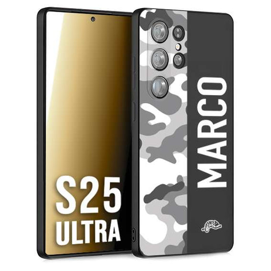 CUSTOMIZZA - Custodia cover nera morbida in tpu compatibile per Samsung S25 ULTRA camouflage mimetico militare personalizzata nome bianco