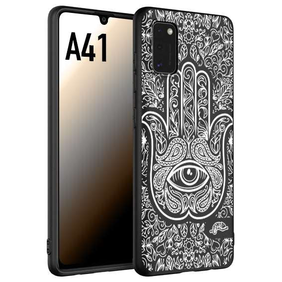 CUSTOMIZZA - Custodia cover nera morbida in tpu compatibile per Samsung A41 mano di fatima effetto rilievo mandala donna