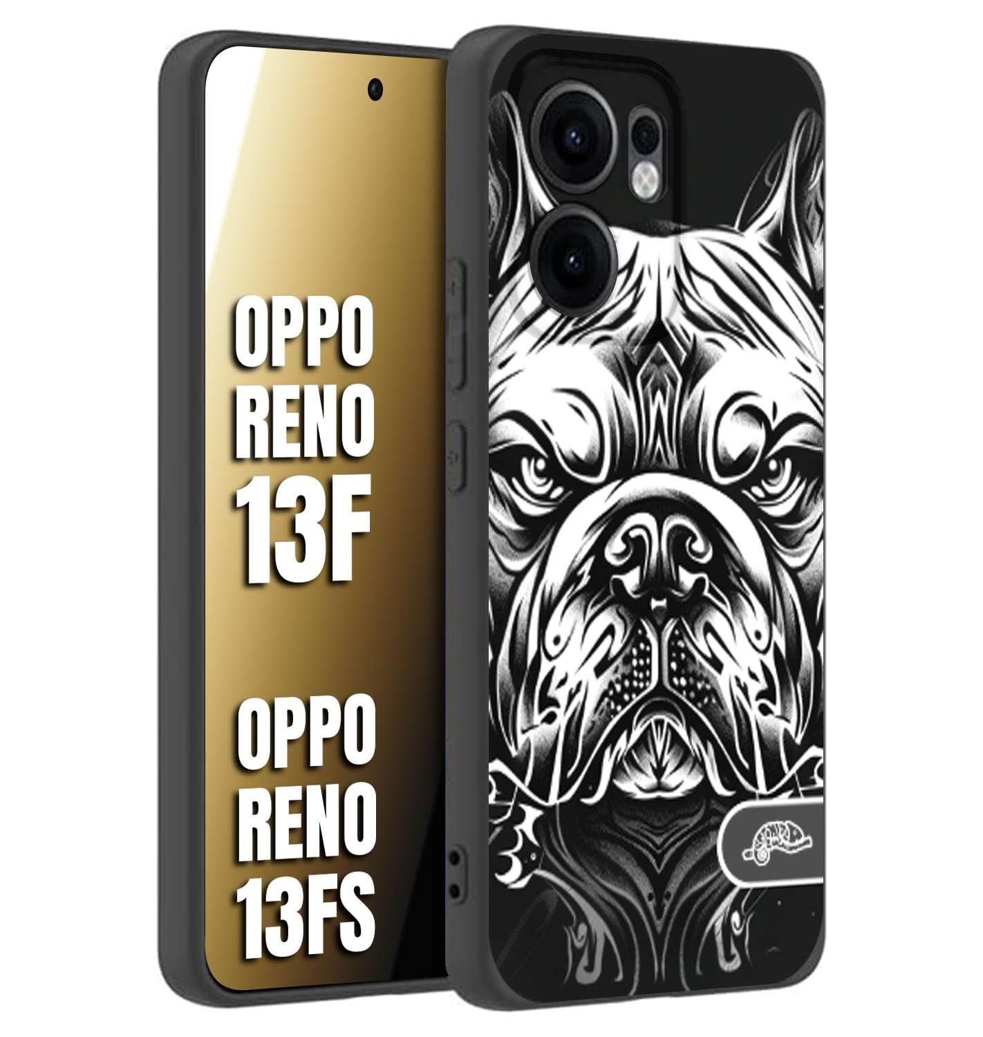 CUSTOMIZZA - Custodia cover nera morbida in tpu compatibile per Oppo Reno 13 F bulldog bianco a rilievo disegnato tattoo tatuaggio