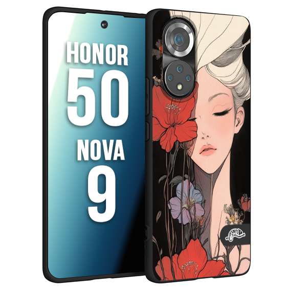 CUSTOMIZZA - Custodia cover nera morbida in tpu compatibile per Huawei Nova 9 - Honor 50 woman flower Fantasia Floreale Design Donna e Fiori, Retro Artistico