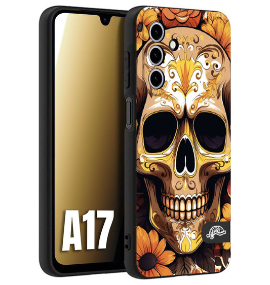 CUSTOMIZZA - Custodia cover nera morbida in tpu compatibile per Samsung A17 teschio messicano colorato dorato fiori tattoo disegnato