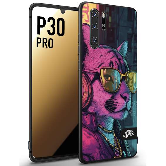 CUSTOMIZZA - Custodia cover nera morbida in tpu compatibile per Huawei P30 PRO animali cyberpunk pantera street cat fucsia blu giallo