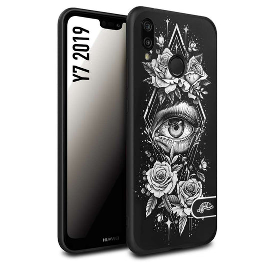 CUSTOMIZZA - Custodia cover nera morbida in tpu compatibile per Huawei Y7 2019 occhio fiori rombo geometrico black and white bianco a rilievo disegnato tattoo tatuaggio