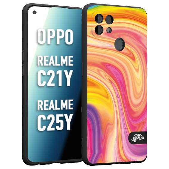 CUSTOMIZZA - Custodia cover nera morbida in tpu compatibile per Oppo Realme C21Y - C25Y colorata fantasia vortice marmo onde rosa fucsia gialla