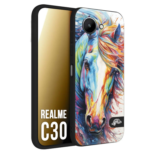 CUSTOMIZZA - Custodia cover nera morbida in tpu compatibile per Realme C30 animali color cavallo horse viso colori vibranti disegnato schizzo
