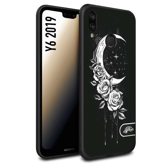 CUSTOMIZZA - Custodia cover nera morbida in tpu compatibile per Huawei Y6 2019 luna e fiori moon flowers black and white bianco a rilievo disegnato tattoo tatuaggio