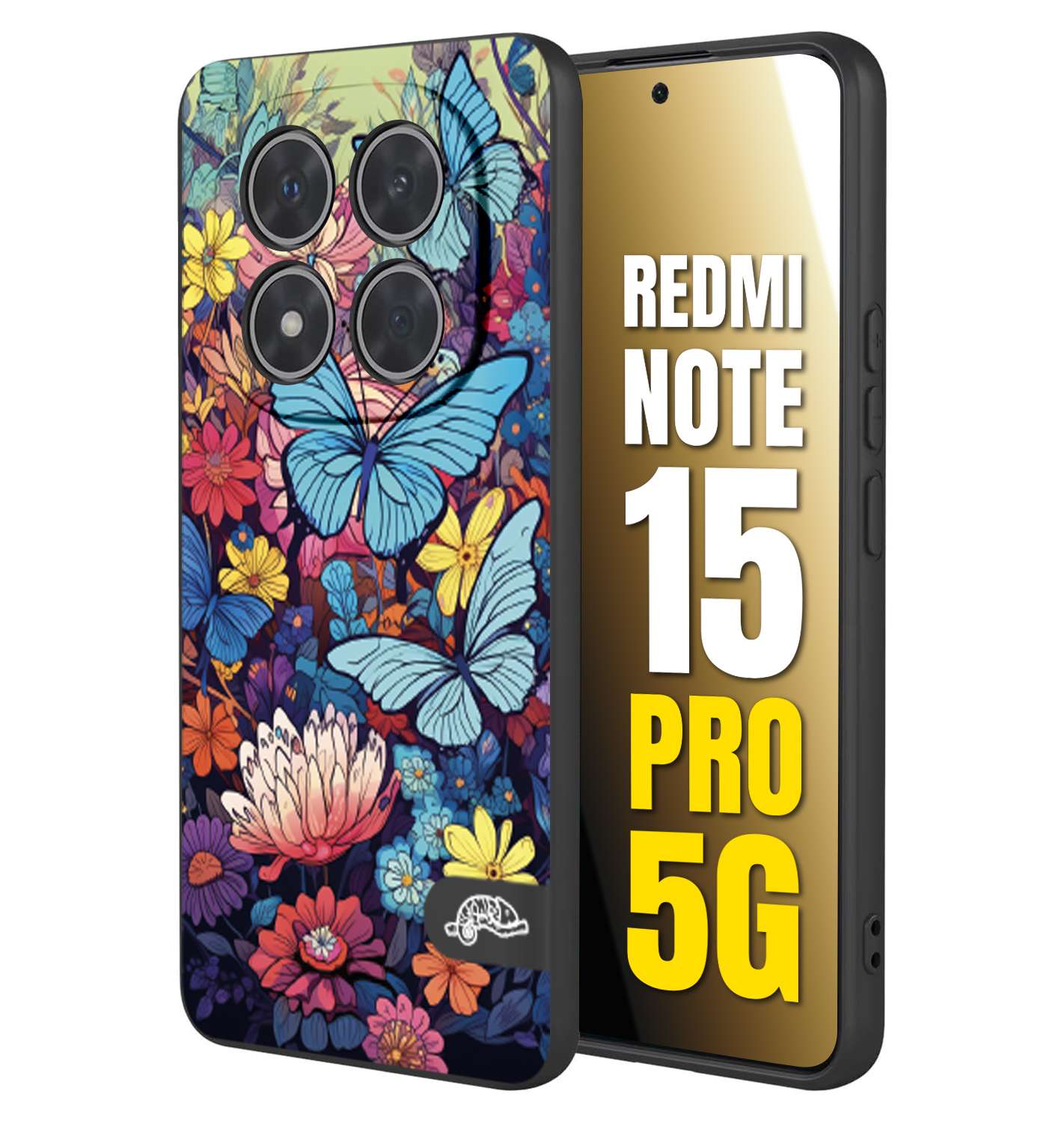 CUSTOMIZZA - Custodia cover nera morbida in tpu compatibile per Xiaomi Redmi Note 15 PRO 5G farfalle butterfly moderno donna disegnate gialla blu rosa