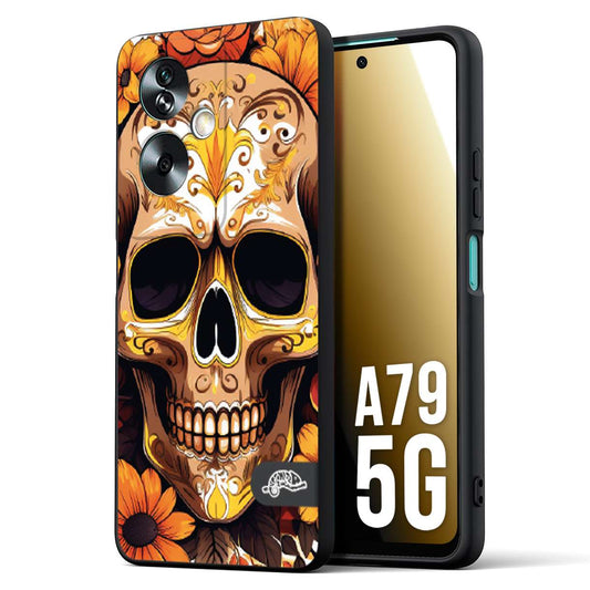 CUSTOMIZZA - Custodia cover nera morbida in tpu compatibile per Oppo A79 5G teschio messicano colorato dorato fiori tattoo disegnato