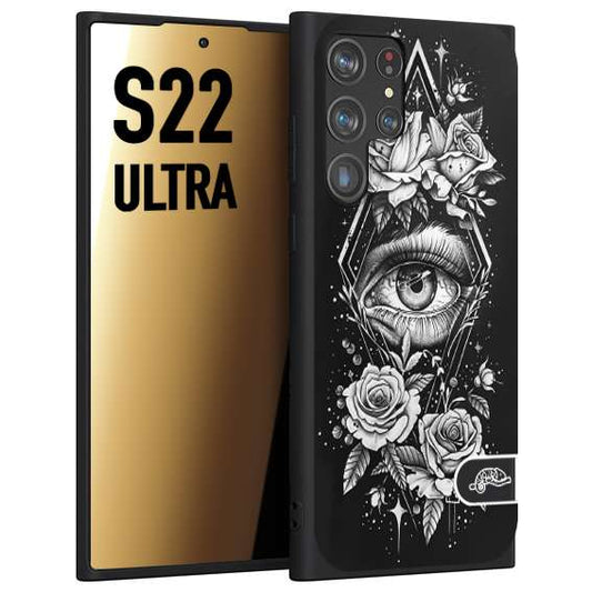 CUSTOMIZZA - Custodia cover nera morbida in tpu compatibile per Samsung S22 ULTRA occhio fiori rombo geometrico black and white bianco a rilievo disegnato tattoo tatuaggio