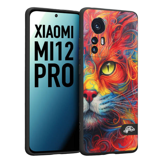 CUSTOMIZZA - Custodia cover nera morbida in tpu compatibile per Xiaomi 12 PRO animali color cat gatto viso colori vibranti disegnato schizzo