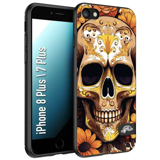 CUSTOMIZZA - Custodia cover nera morbida in tpu compatibile per iPhone 7 Plus - 8 plus teschio messicano colorato dorato fiori tattoo disegnato