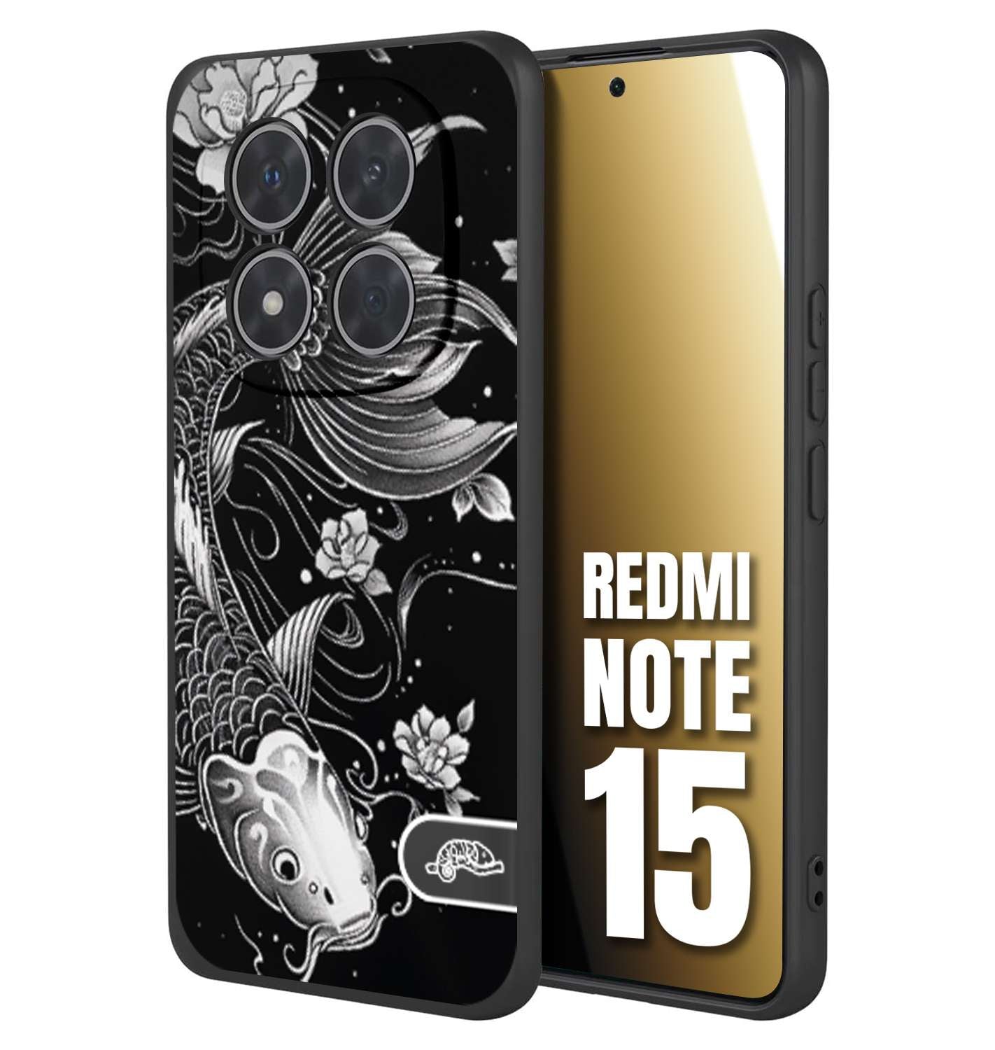 CUSTOMIZZA - Custodia cover nera morbida in tpu compatibile per Xiaomi Redmi Note 15 carpa koi black and white bianco a rilievo disegnato tattoo tatuaggio