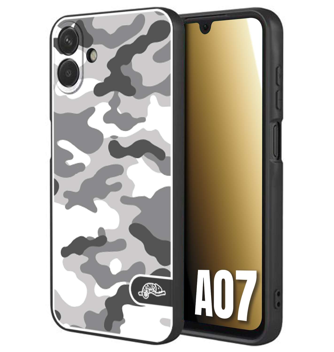 CUSTOMIZZA - Custodia cover nera morbida in tpu compatibile per Samsung A07 camouflage mimetico militare bianco white
