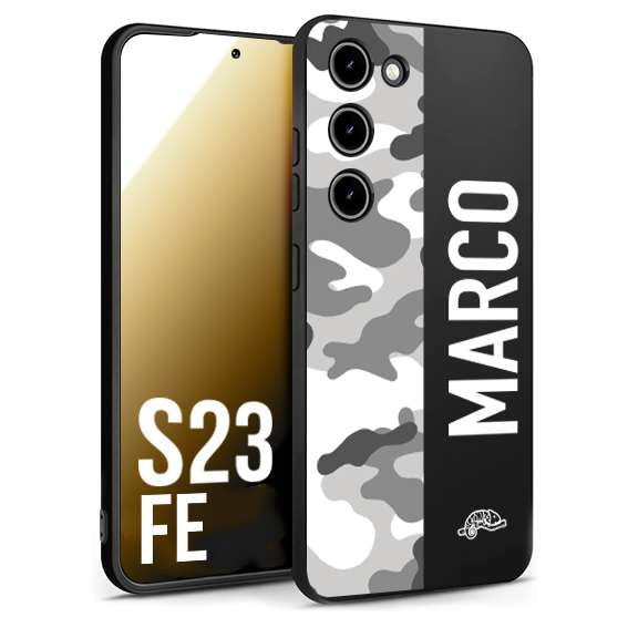 CUSTOMIZZA - Custodia cover nera morbida in tpu compatibile per Samsung S23 FE camouflage mimetico militare personalizzata nome bianco