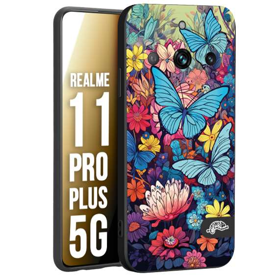 CUSTOMIZZA - Custodia cover nera morbida in tpu compatibile per Oppo Realme 9 4G - 9 PRO PLUS farfalle butterfly moderno donna disegnate gialla blu rosa