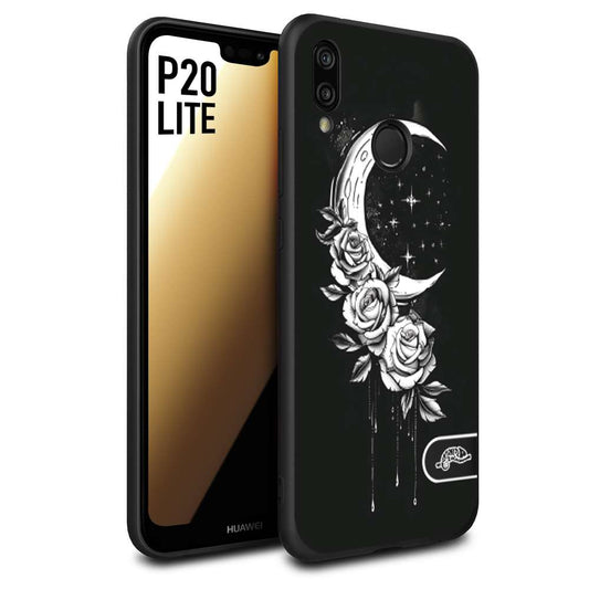 CUSTOMIZZA - Custodia cover nera morbida in tpu compatibile per Huawei P20 LITE luna e fiori moon flowers black and white bianco a rilievo disegnato