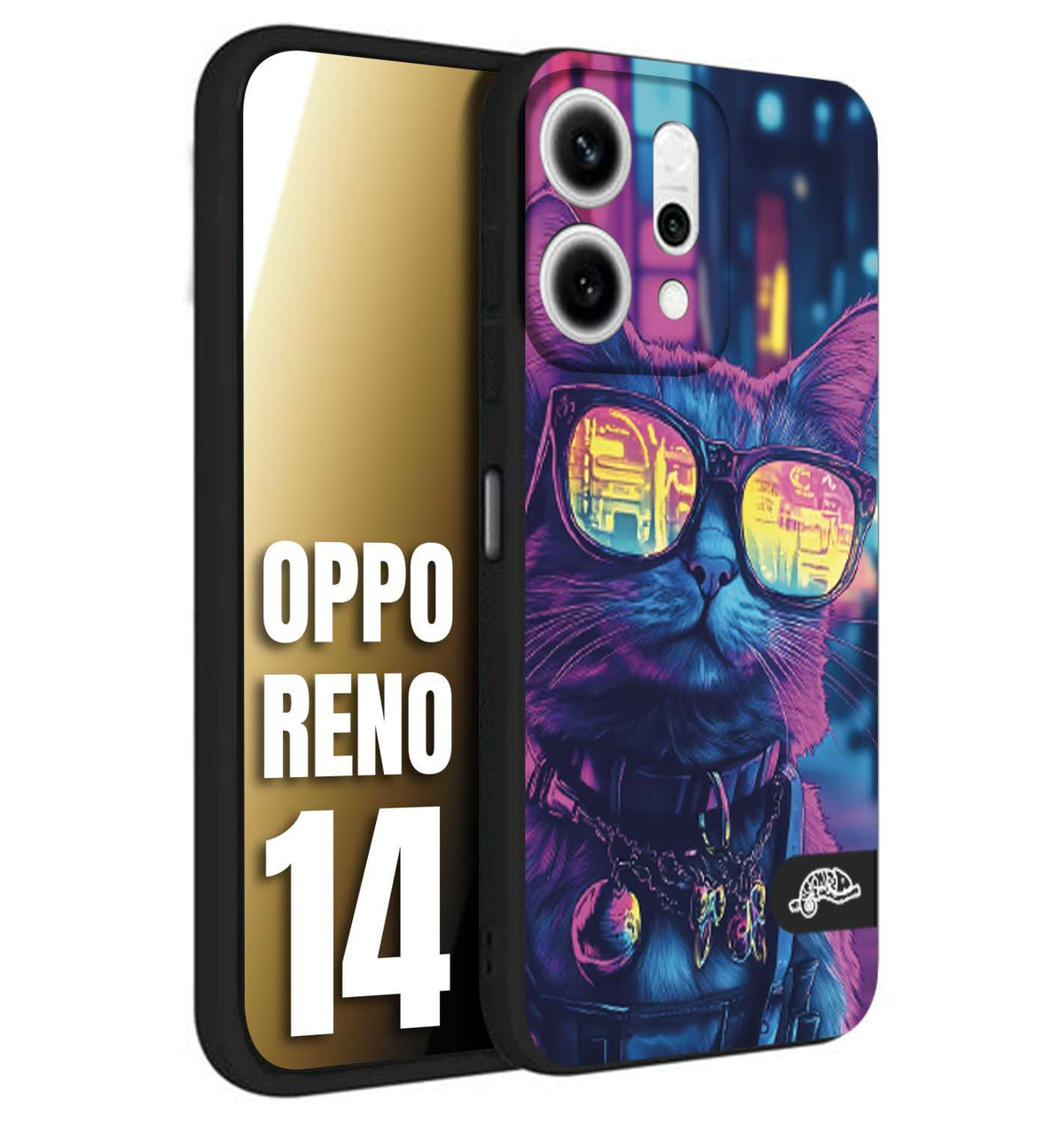 CUSTOMIZZA - Custodia cover nera morbida in tpu compatibile per Oppo Reno 14 animali cyberpunk gatto street cat fucsia blu giallo