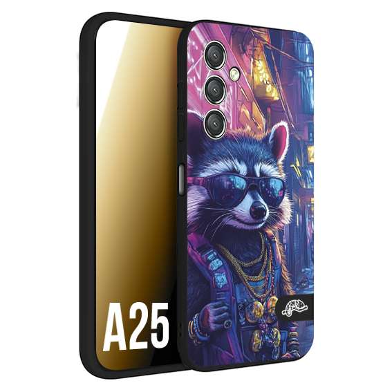 CUSTOMIZZA - Custodia cover nera morbida in tpu compatibile per Samsung A25 animali simpatici cyberpunk procione racoon street cat fucsia blu giallo