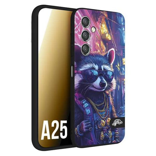 CUSTOMIZZA - Custodia cover nera morbida in tpu compatibile per Samsung A25 animali simpatici cyberpunk procione racoon street cat fucsia blu giallo
