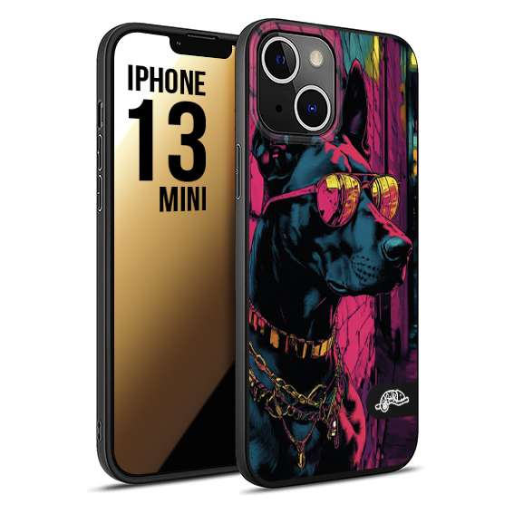 CUSTOMIZZA - Custodia cover nera morbida in tpu compatibile per iPhone 13 MINI animali cyberpunk dobermann cane street dog fucsia blu
