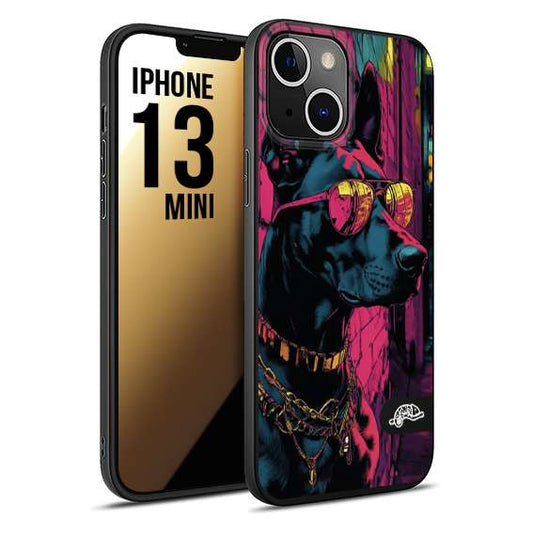 CUSTOMIZZA - Custodia cover nera morbida in tpu compatibile per iPhone 13 MINI animali cyberpunk dobermann cane street dog fucsia blu