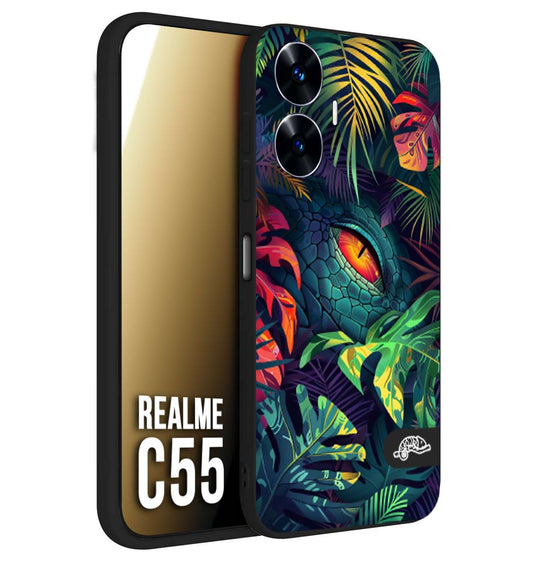 CUSTOMIZZA - Custodia cover nera morbida in tpu compatibile per Realme C55 animali color giungla tropicale occhio di coccodrillo alligatore disegnato