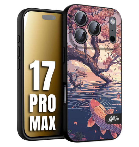 CUSTOMIZZA - Custodia cover nera morbida in tpu compatibile per iPhone 17 PRO MAX giapponese lago carpa koi rosa con foglie d'acero disegnata tattoo