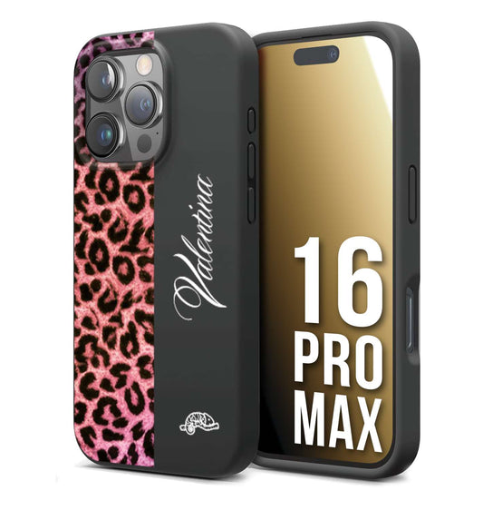 CUSTOMIZZA - Custodia cover nera morbida in tpu compatibile per iPhone 16 PRO MAX leopardato rosa fucsia personalizzata nome iniziali