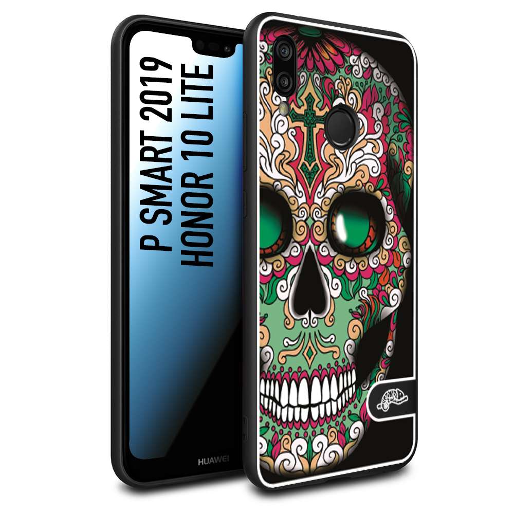CUSTOMIZZA - Custodia cover nera morbida in tpu compatibile per Huawei P SMART 2019 teschio messicano Mexican skull verde fucsia