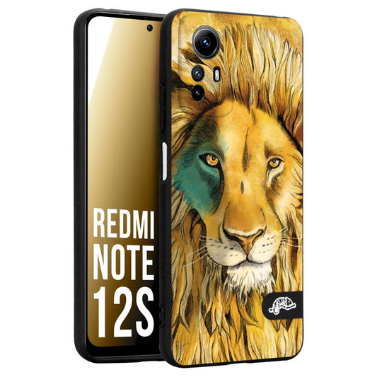 CUSTOMIZZA - Custodia cover nera morbida in tpu compatibile per Xiaomi Redmi Note 12S leone lion disegnato a mano giallo blu a rilievo artistico brown