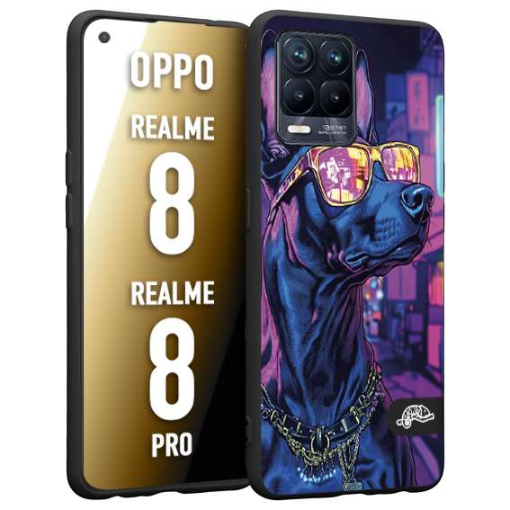 CUSTOMIZZA - Custodia cover nera morbida in tpu compatibile per Realme 8 - 8 PRO animali cyberpunk dobermann cane street dog fucsia blu night