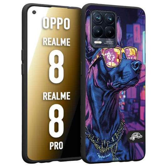 CUSTOMIZZA - Custodia cover nera morbida in tpu compatibile per Realme 8 - 8 PRO animali cyberpunk dobermann cane street dog fucsia blu night