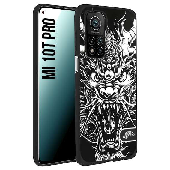 CUSTOMIZZA - Custodia cover nera morbida in tpu compatibile per Xiaomi Mi 10T PRO drago black and white bianco a rilievo disegnato tattoo tatuaggio