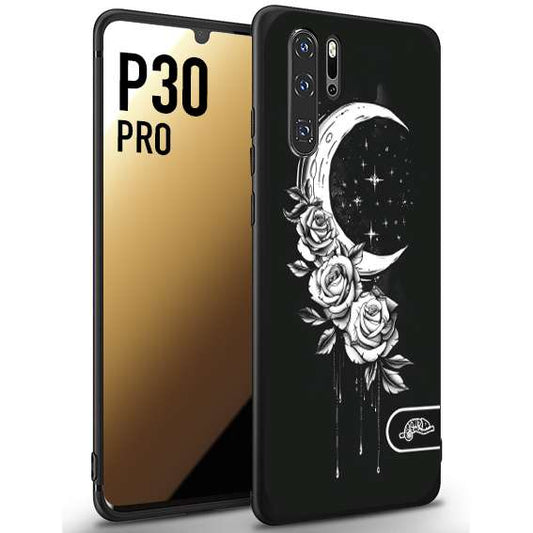 CUSTOMIZZA - Custodia cover nera morbida in tpu compatibile per Huawei P30 PRO luna e fiori moon flowers black and white bianco a rilievo disegnato tattoo tatuaggio