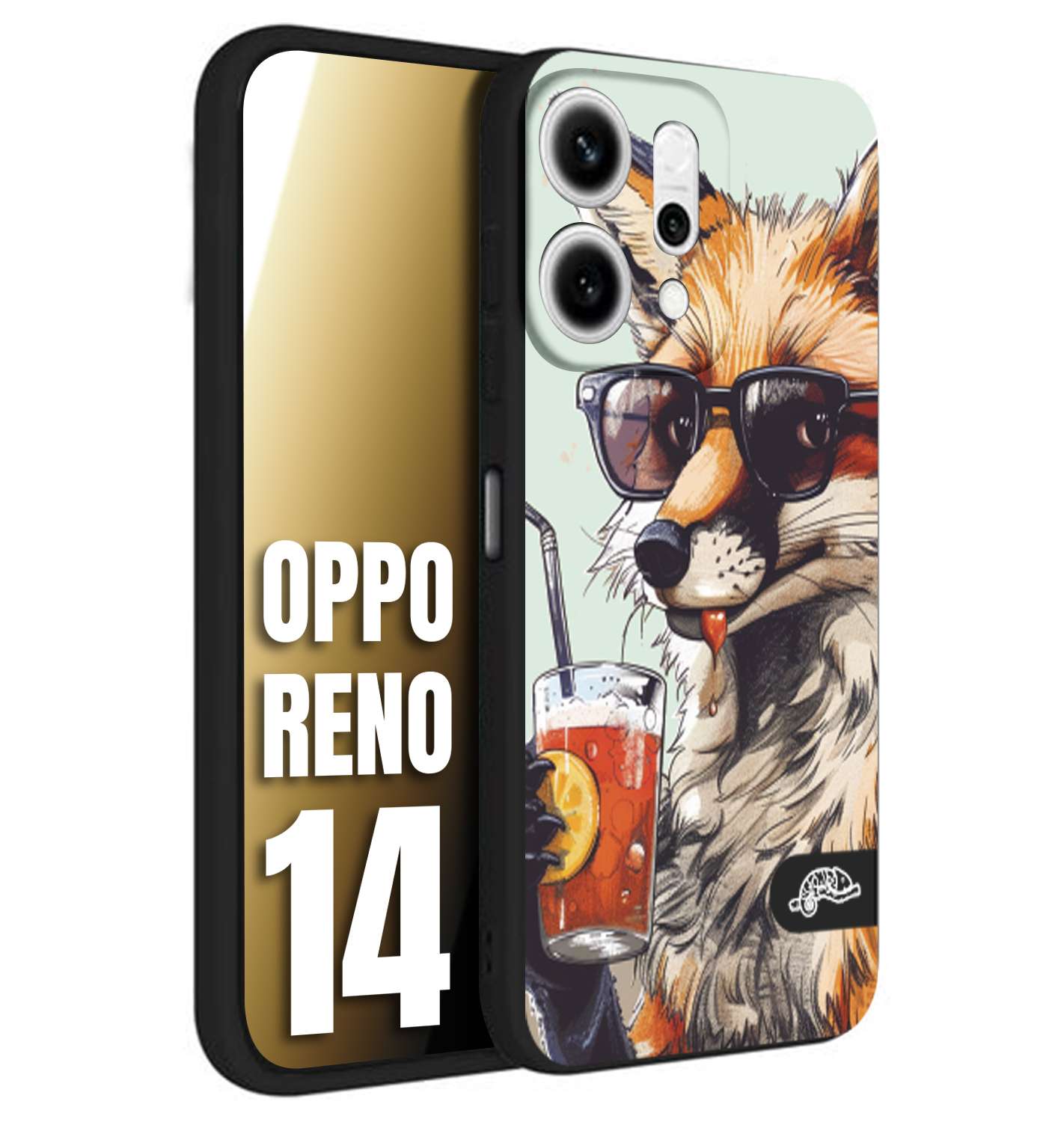 CUSTOMIZZA - Custodia cover nera morbida in tpu compatibile per Oppo Reno 14 estate disegnata cocktails animali simpatici fox volpe negroni