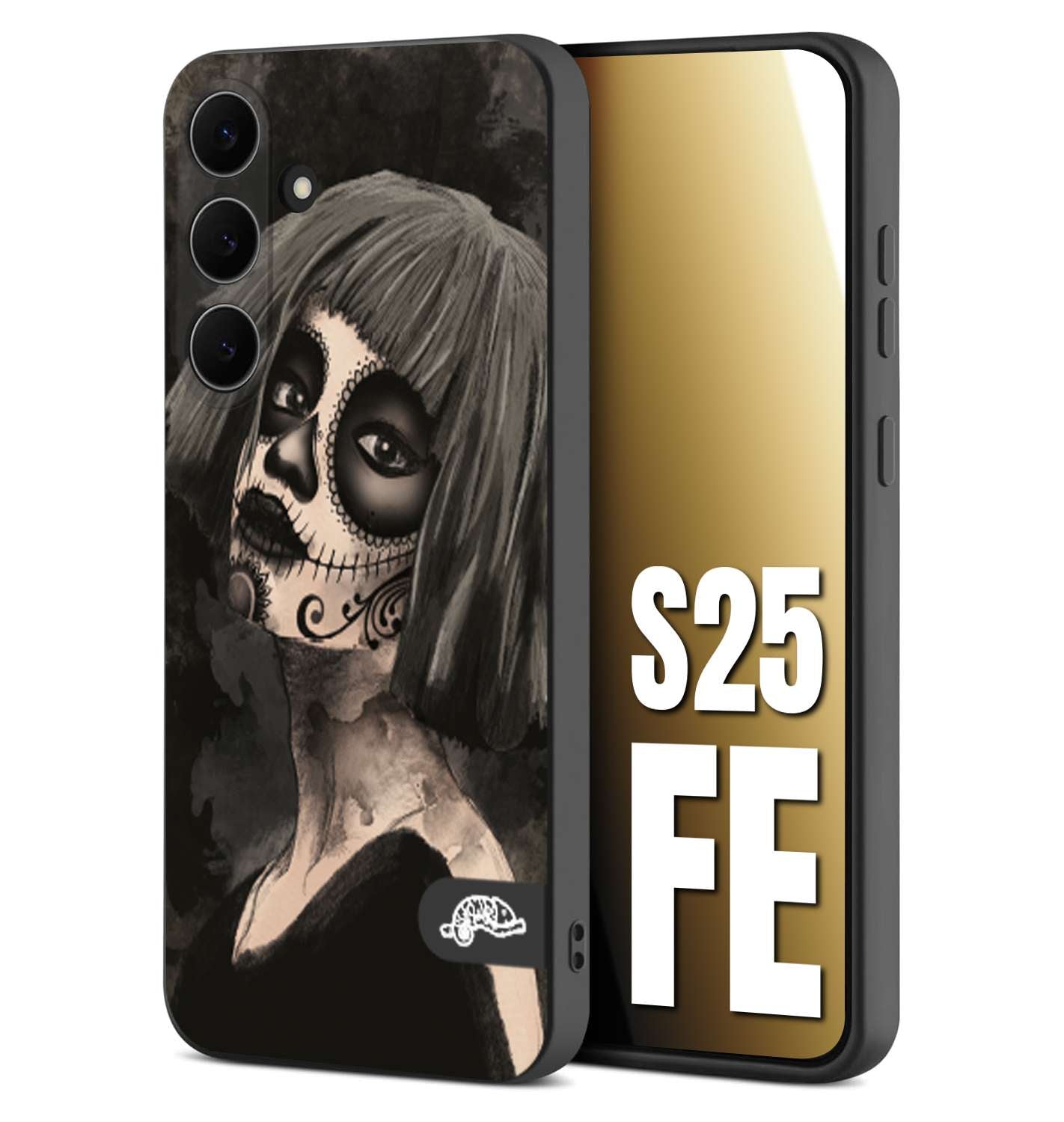 CUSTOMIZZA - Custodia cover nera morbida in tpu compatibile per Samsung S25 FE chicana messicana dea de la muerte donna santa tattoo disegnata