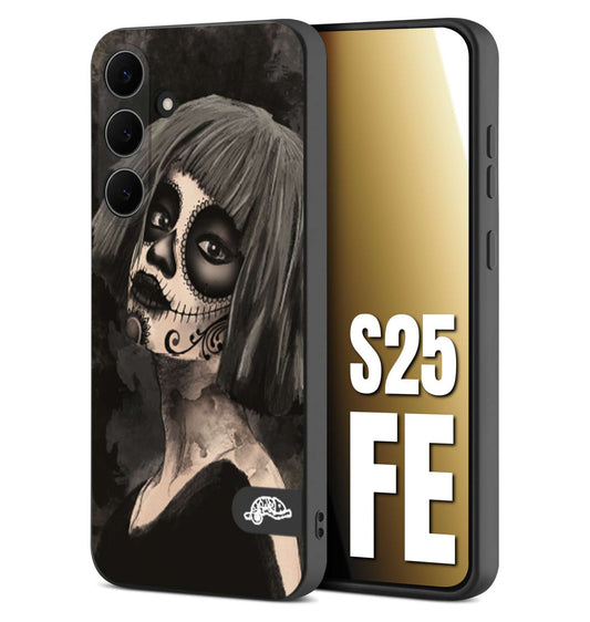 CUSTOMIZZA - Custodia cover nera morbida in tpu compatibile per Samsung S25 FE chicana messicana dea de la muerte donna santa tattoo disegnata