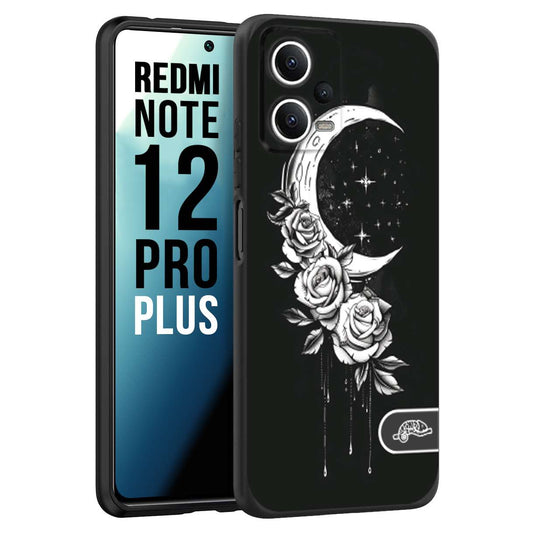 CUSTOMIZZA - Custodia cover nera morbida in tpu compatibile per Xiaomi Redmi Note 12 PRO PLUS luna e fiori moon flowers black and white bianco a rilievo disegnato tattoo tatuaggio