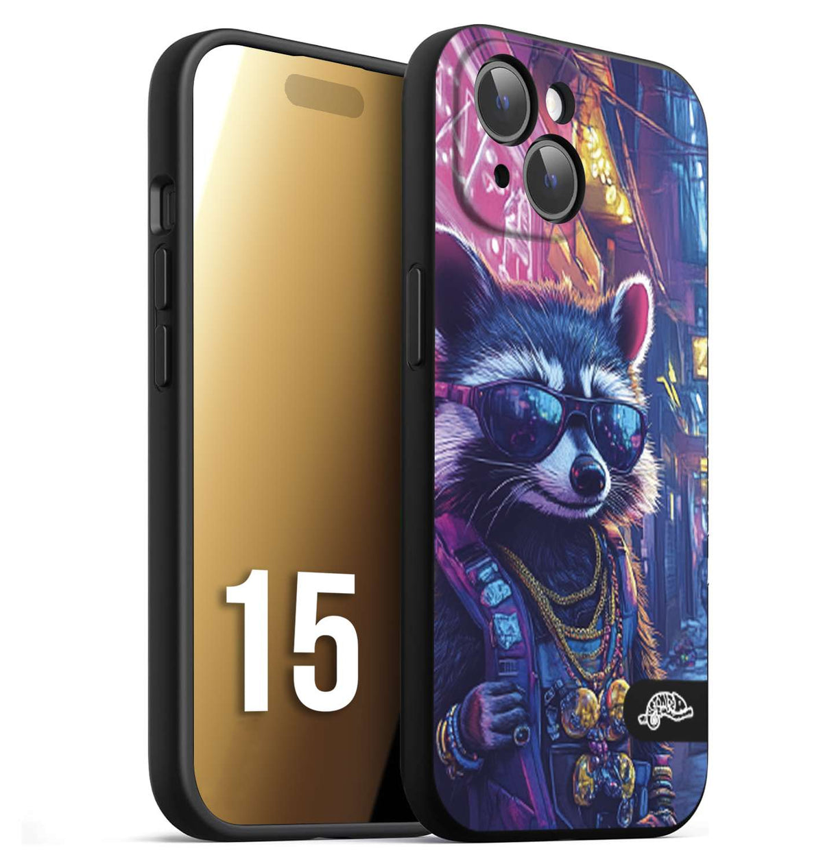 CUSTOMIZZA - Custodia cover nera morbida in tpu compatibile per iPhone 15 animali simpatici cyberpunk procione racoon street cat fucsia blu giallo